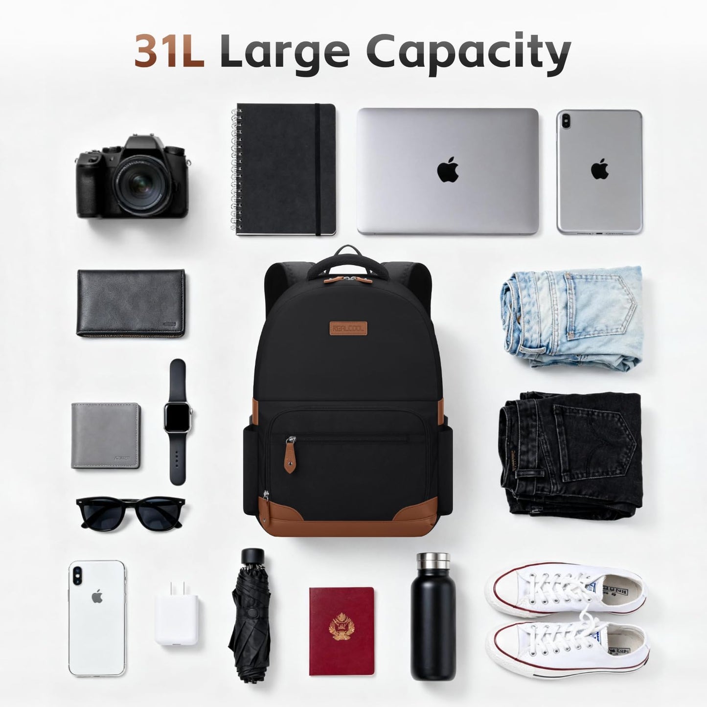 RealCool Laptop-Rucksack, 31 Liter, Reiserucksack, Geschenk für Damen und Herren, passend für Laptops bis 15,6–17 Zoll, wasserabweisender College-Rucksack, für Schule und Geschäftsreisen (Schwarz)