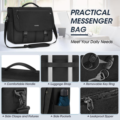 RAINSMORE Messenger Bag für Herren, 15,6 Zoll, wasserabweisend, Laptoptasche, lässige Umhängetasche, große Computertasche für Uni, Büro, Aktentasche, modische Crossbody-Handtasche, Schwarz