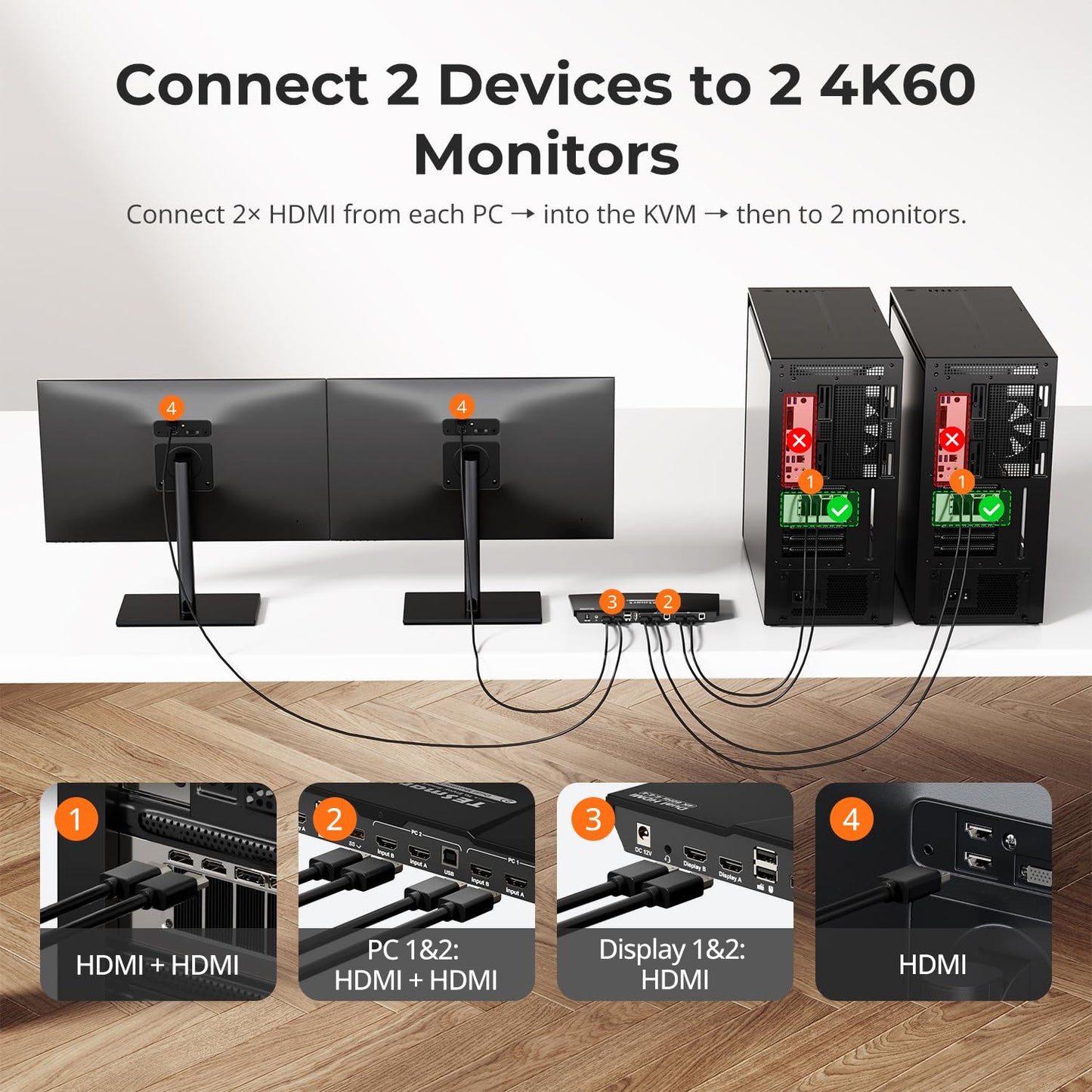 TESmart HDMI KVM-Switch für 2 Monitore und 2 Computer (4K@60Hz, USB 2.0), Dual-Monitor-KVM-Switch mit 2 HDMI-Anschlüssen, erweiterter Anzeige, EDID-Emulatoren, L/R-Audio, Hotkey-Schalter, Tastenschalter mit Eingangskabeln