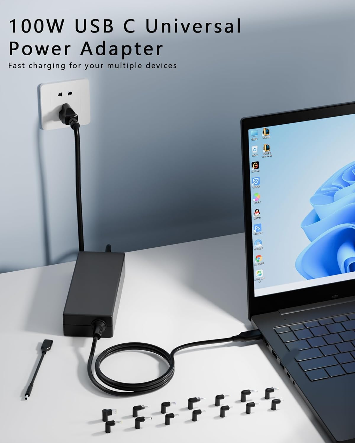100W USB C Universal Laptop Charger with 15 Tips, Compatible with HP DELL Lenovo Acer Asus Toshiba Samsung MacBook IBM Sony LG & Chromebook, AC Power Adapter (Fits 90W 65W 45W)