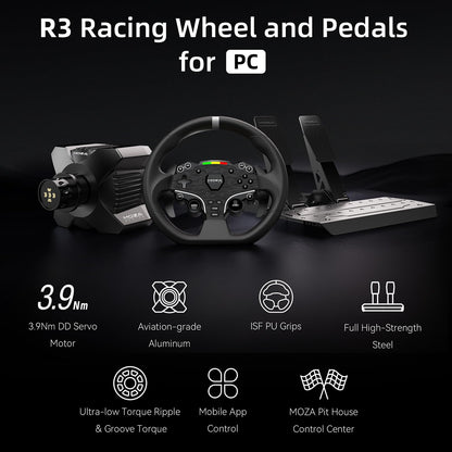MOZA R3 Racing Simulator 4PCS Wheel & Pedals bundle for PC: R3 Direct Drive Base, ES Lite Steering Wheel, SR-P Lite Pedals and Table Clamp, Black