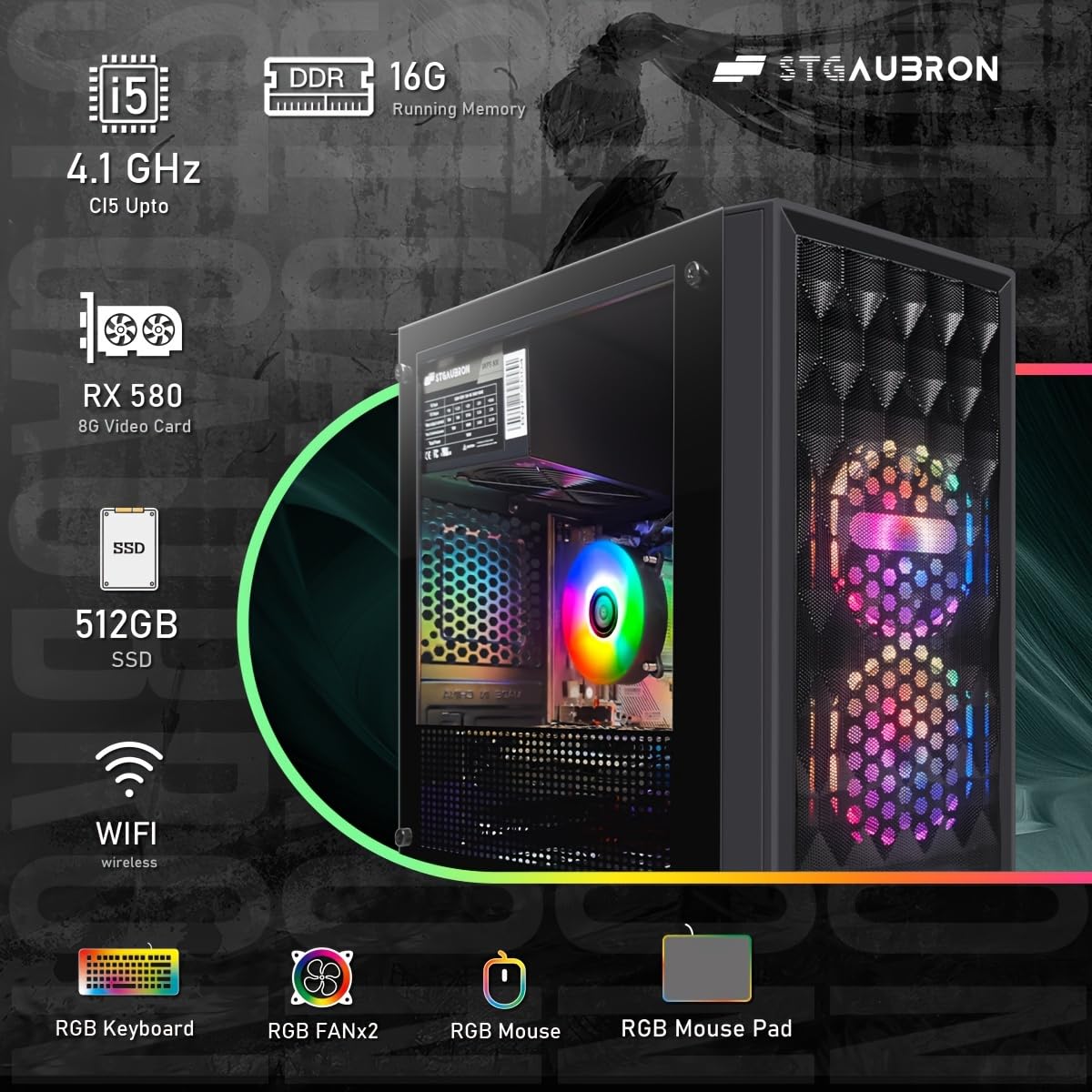 STGAubron Gaming-PC, Desktop-Computer, Radeon RX 580 8G GDDR5, Intel Core i5-9400F bis zu 4,1 GHz, 16 GB DDR4-Arbeitsspeicher, 512 GB SSD, 600M WLAN, Bluetooth 5.0, 2 RGB-Lüfter, Windows 11 Home