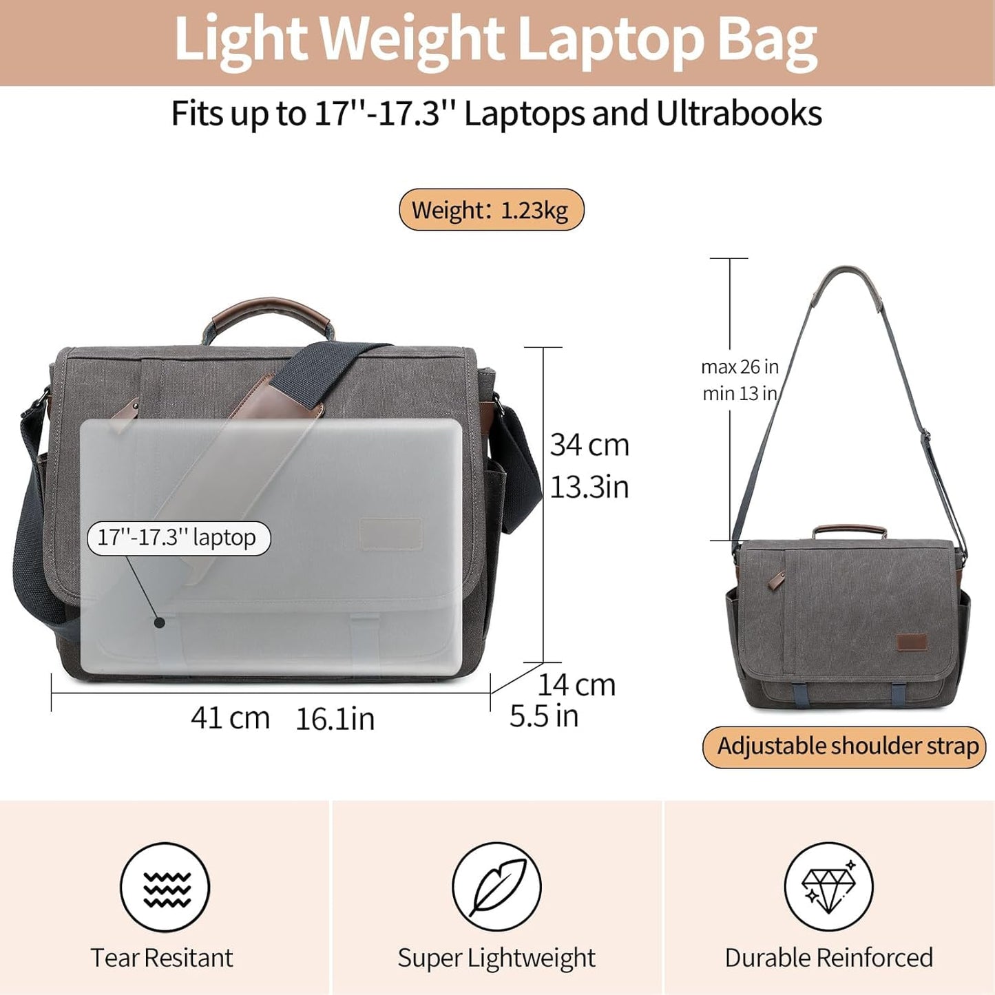 PPOBOW Canvas Messenger Bag for Men Waterproof Business Bags for Men Vintage Canvas Laptop Bag (Grey)