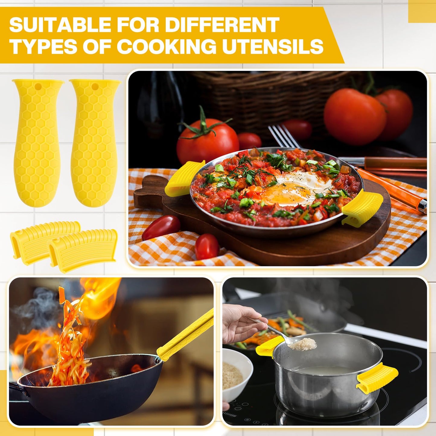 Patelai 8 Pcs Silicone Pot Holders Set Cast Iron Handle Cover Heat Resistant Pot Handle Covers Potholder Non Slip Reusable Pan Sleeve for Frying Pan Kitchen Supplies(Black)