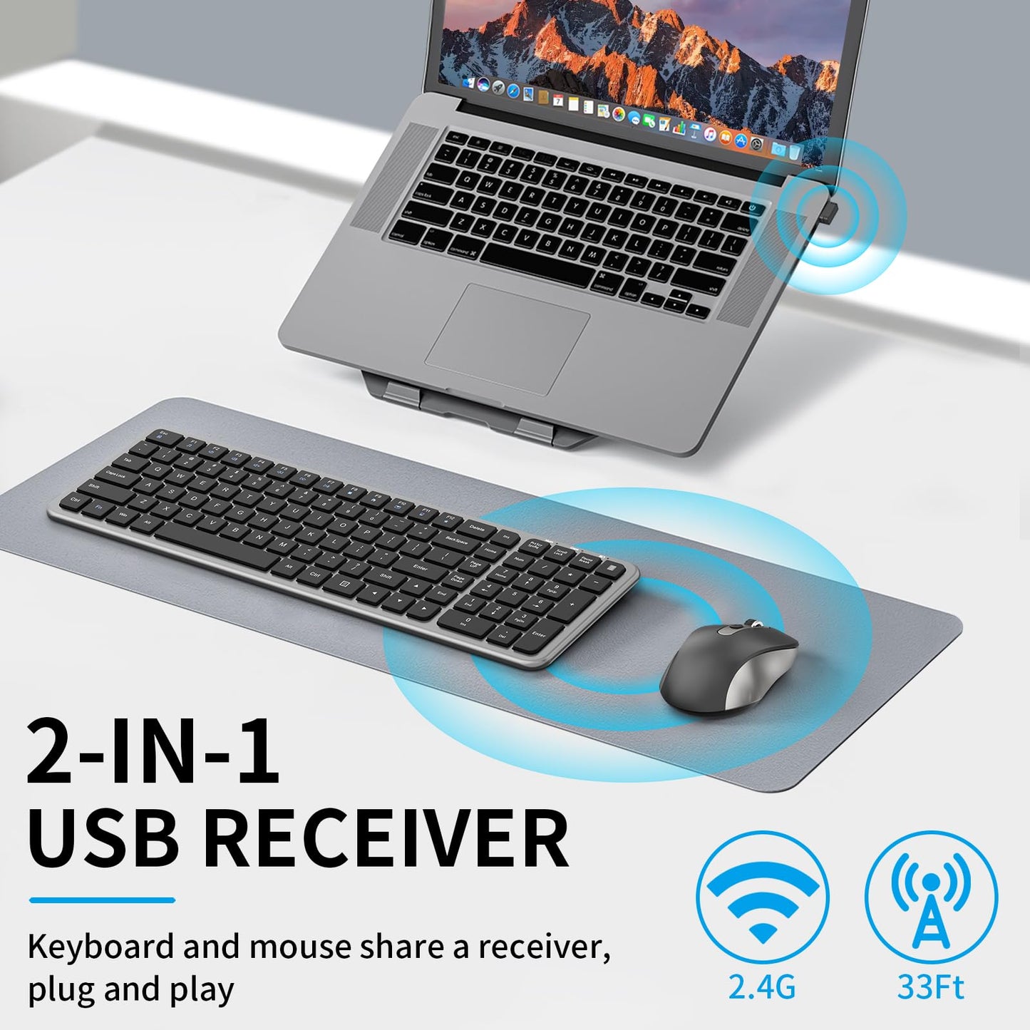 Silent Keyboard and Mouse, Wireless Compact Full-Size Computer Keyboard with Calculator Button, 2400 DPI Mouse, Quiet Clicking, Ultra-Thin Cordless USB Kit for Windows Mac Laptops - Iron Grey