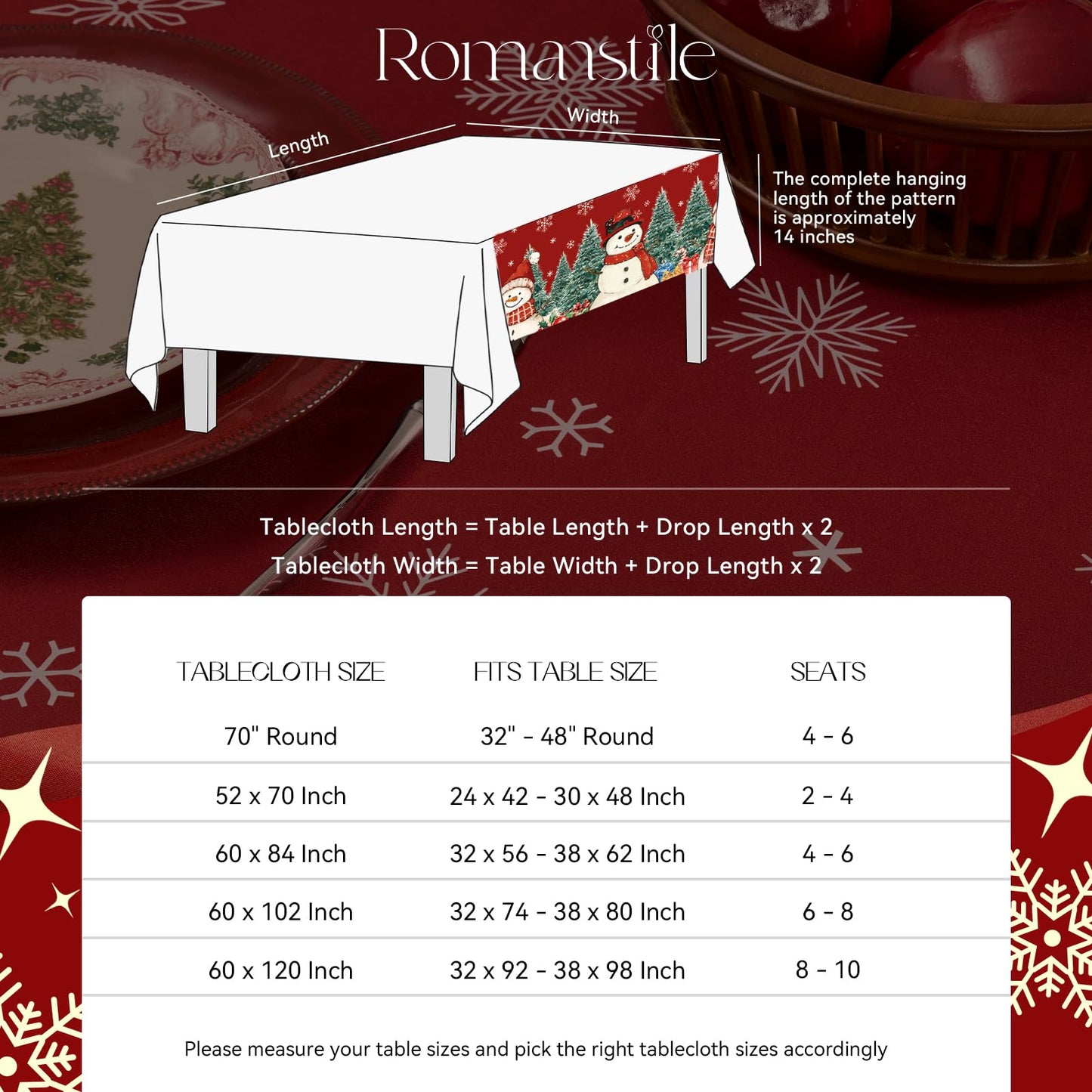 Romanstile rote Weihnachtstischdecke, bedruckt mit Schneemann- und Weihnachtsbaummotiv, rechteckige Tischdecke, festliche, fleckenabweisende Tischdecke für Esszimmer und Partydekoration – 60 x 84 Zoll