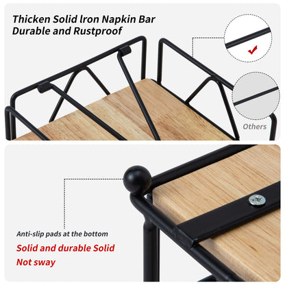 Square Napkin Holder - Durable Table Napkin Dispenser with Weighted Arm, Metal Napkin Storage with Wooden Base, Farmhouse Napkin Holder for Table, Kitchen and Countertops (Black)