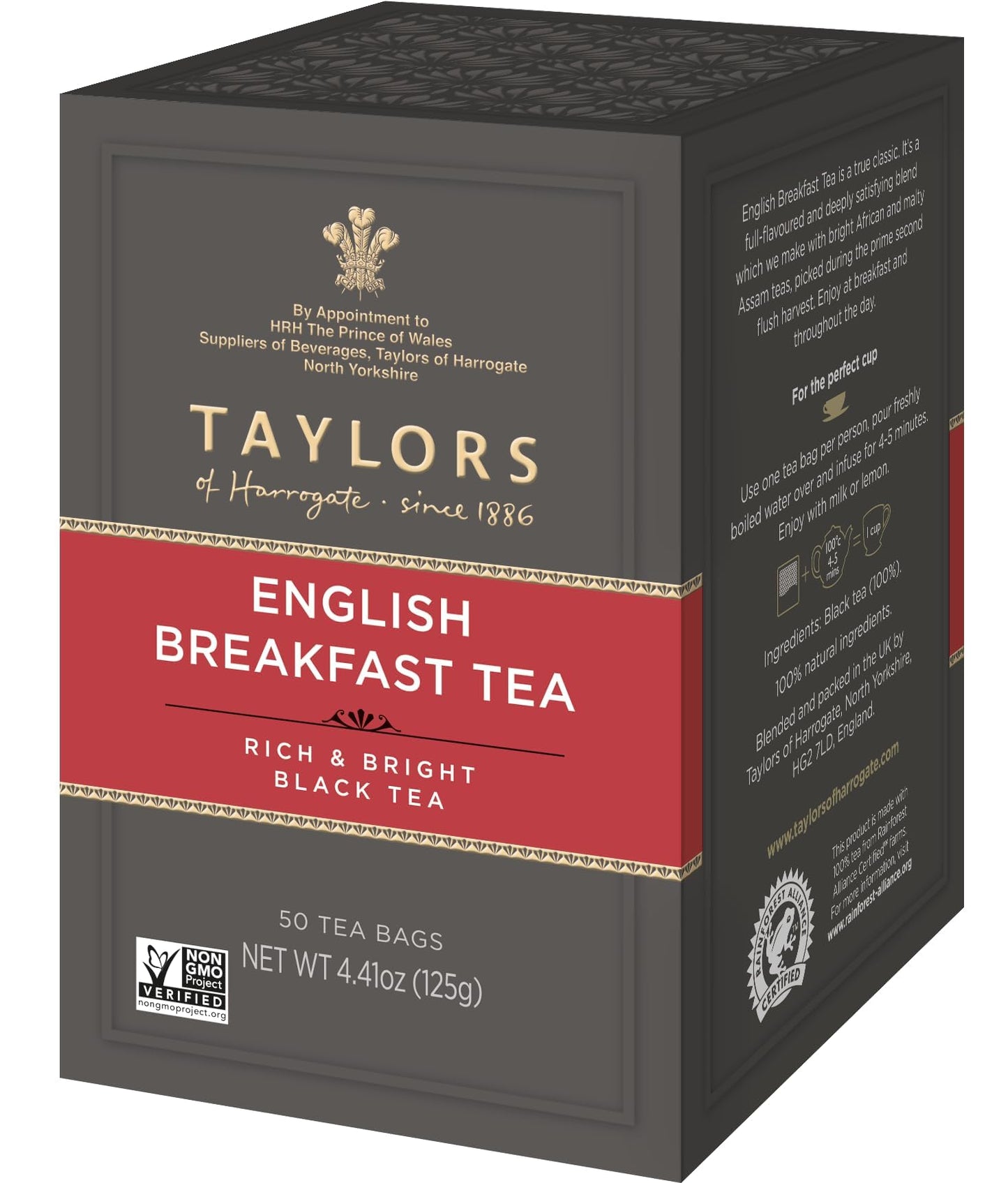 Taylors of Harrogate English Breakfast, Schwarzer Tee, Kissen-Teebeutel, 50 Stück (1 Packung), Kräftig, spritzig &amp; malzig, koffeinhaltig, heiß oder eisgekühlt genießen, 50 Teebeutel