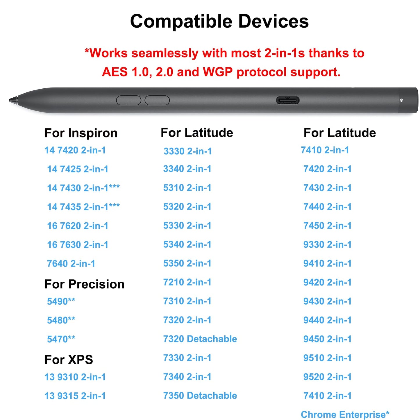 Wiederaufladbarer Premium-Aktivstift für Dell Active Pen PN7522W Laptops, kompatibel mit Dell 2-in-1-Laptops Inspiron 7420/7425/7430/7435/7620/7630 und Latitude 5300/5340/7210/7320/7410/9330/9520