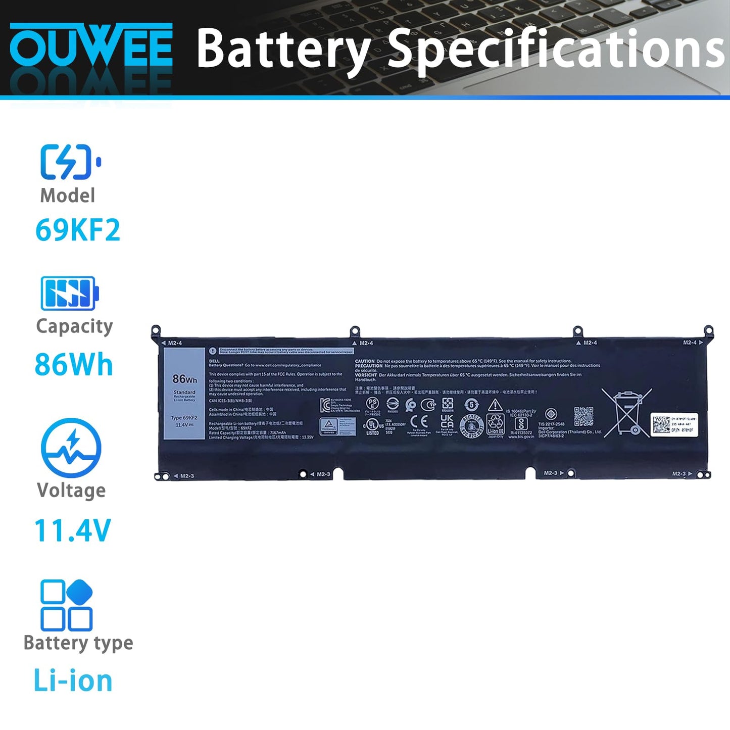 OUWEE 86Wh 69KF2 Ersatzakku für Dell G7 15 7500, G15 5510, 5511, 5515, 5520, 5521, XPS 15 9500, 9510, 9520, Precision 5550, 5560, 5570, Alienware M15 R3, R4, M17 R3, R4, Inspiron 7510, 7610, 7620, P87F, P91F