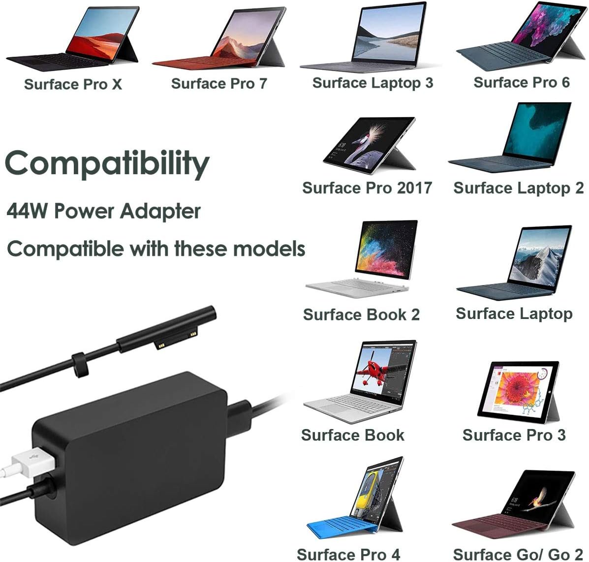 Surface Charger, 44W Power Supply Adapter for Microsoft Surface Pro 3/4/5/6/7, Surface Laptop, Surface Book, Surface Go, Surface Laptop Go, with 6.2 Ft Power Cord