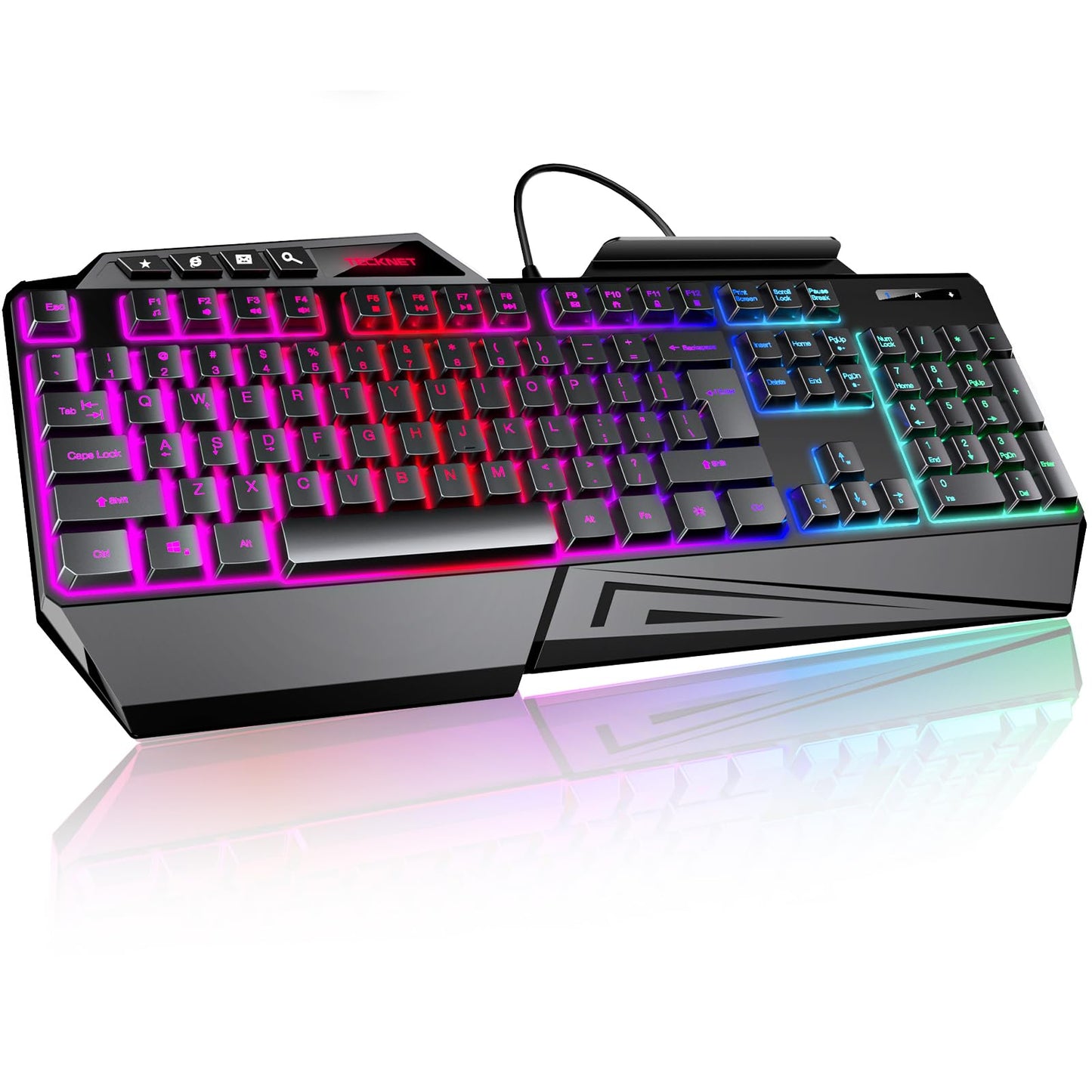 TECKNET Kabelgebundene RGB-Gaming-Tastatur – 26-Tasten-Anti-Ghosting, 13 Beleuchtungsmodi, spritzwassergeschützt, 108 Membrantasten, Plug &amp; Play – mit ergonomischer Handballenauflage und Telefonhalterung für Windows/Mac (Schwarz)
