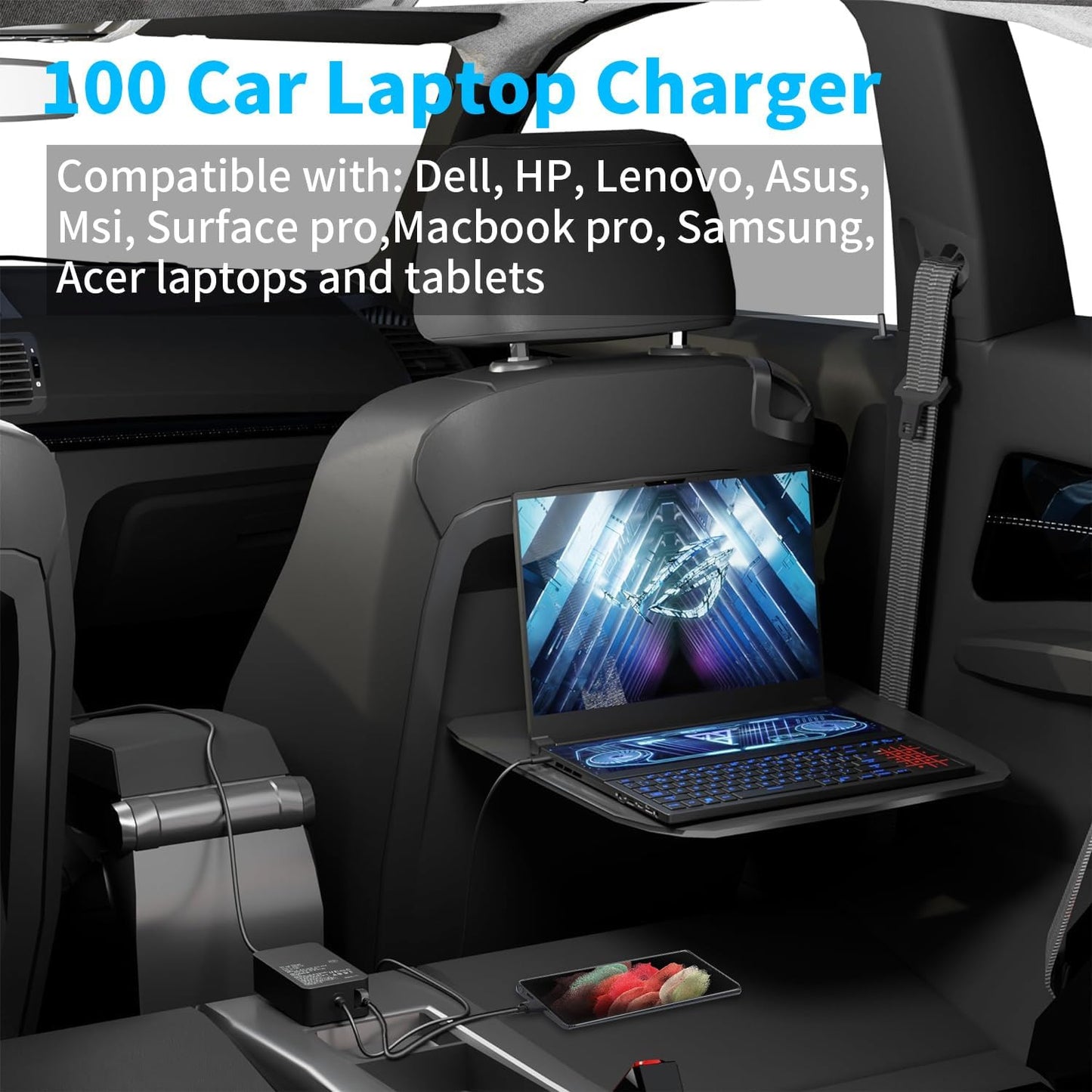 100W USB C Laptop Car Charger for Dell Latitude/Dell XPS, Lenovo Thinkpad/Yoga/IdeaPad, MacBook Pro/Air, HP Spectre/Elitebook, LG Gram, Samsung Acer Asus Chromebook Charger