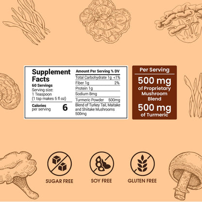 Skinny Instant Mushroom Coffee (60 Servings) Mental Focus Plus Diet Support - Turkey Tail, Maitake, Shiitake & Turmeric, Mixed With Gourmet 100% Arabica Medium Roast Instant Coffee