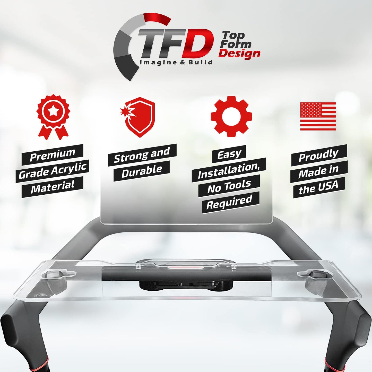 TFD The Tread Tray 2.0 | Compatible with Peloton Tread (Does NOT FIT Tread Plus), Made in USA | Walking Desk Attachment Holder for Laptop, Tablet, Phone, & Book (Clear)