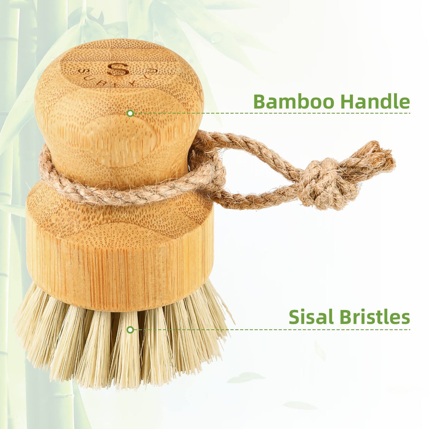 SUBEKYU Bamboo Dish Scrub Brush for Kitchen Sink, Natural Wooden Washing Dish Brush Scrubber with Sisal Bristles for Household Cleaning, Cast Iron Pots, Pans and Vegetables