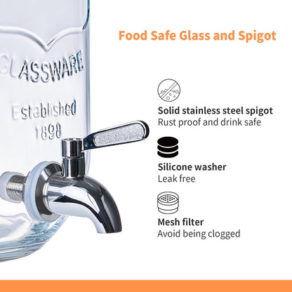 ShoreHao 2 Pack1Gallon Glass Drink Dispensers with Stand&Bamboo Lids&Fruit Infuser,304 Stainless Steel Leak-Proof Spigot,Beverage Dispenser for Parties,Water Sangria Juice Sun Tea Lemonade(Natural)