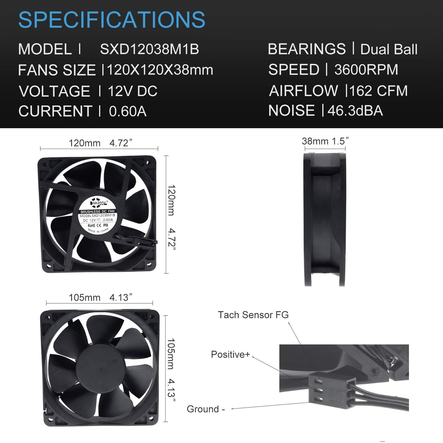 SXDOOL 120 mm (120 x 120 x 38 mm) Hochgeschwindigkeits-Lüfter, wasserdicht und staubdicht, 12 V, Doppelkugellager, 3600 U/min