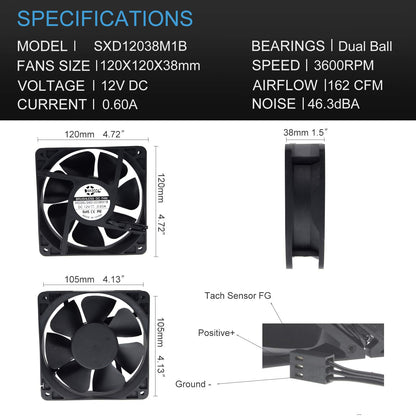 SXDOOL 120 mm (120 x 120 x 38 mm) Hochgeschwindigkeits-Lüfter, wasserdicht und staubdicht, 12 V, Doppelkugellager, 3600 U/min