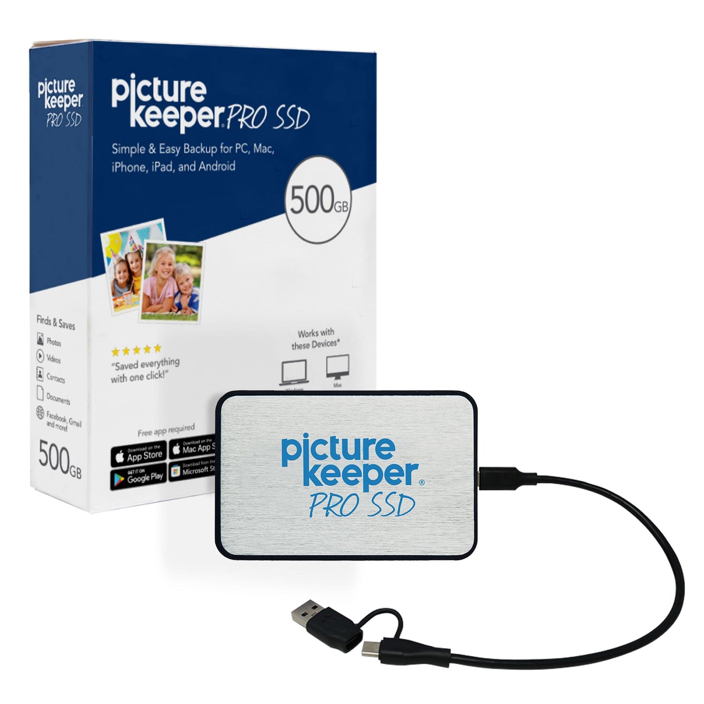 Picture Keeper PRO Portable Hard Drive 500GB - USB Hard Drive for PC & Mac Laptops & Computers, 1/2 Terabyte Portable External SSD Memory Storage for Photos, Videos & More - 500GB, Silver