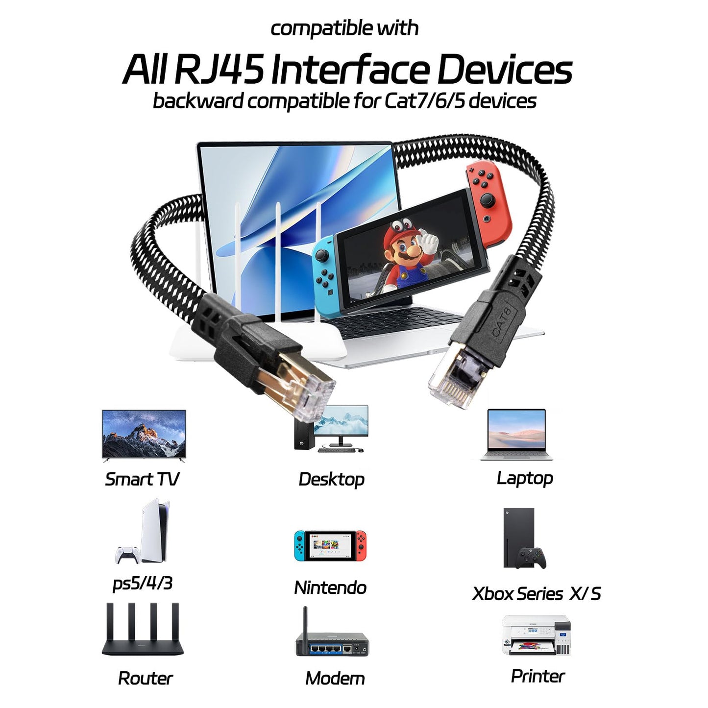 Ximhun Cat 8 Ethernet Cable 50 FT, High-Speed Braided Internet Cable Network Cord with RJ45 Connector 40Gbps 2000Mhz Heavy Duty LAN Cable Shielded Indoor