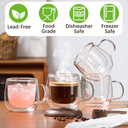 Pludyat 4 Pack Double Walled Glass Coffee Mugs, 16 oz Large Insulated Clear Coffee Cups with Handle, Cappuccino Mug for Espresso, Latte, Americano, Tea Bag, Beverage, Heat & Cold Resistant