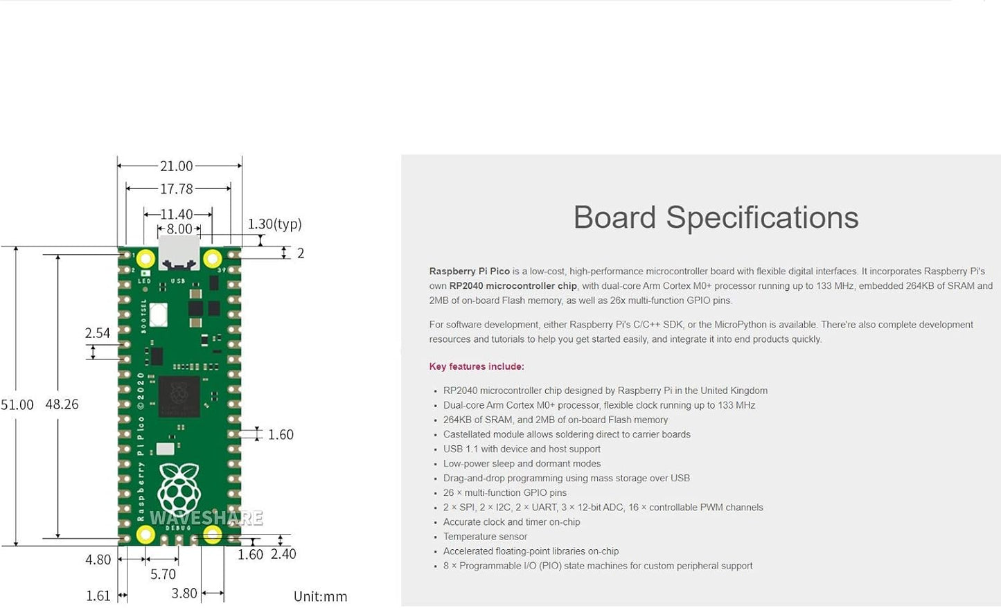 Waveshare Raspberry Pi Pico Mikrocontroller-Board mit RP2040 Chip, Dual-Core Arm Cortex M0+ Prozessor, 264 KB SRAM, 2 MB Flash, 26x GPIO, SPI, I2C, UART, PWM, ADC, USB 1.1, inklusive Stiftleiste und Kabel 