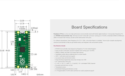 Waveshare Raspberry Pi Pico Mikrocontroller-Board mit RP2040 Chip, Dual-Core Arm Cortex M0+ Prozessor, 264 KB SRAM, 2 MB Flash, 26x GPIO, SPI, I2C, UART, PWM, ADC, USB 1.1, inklusive Stiftleiste und Kabel 