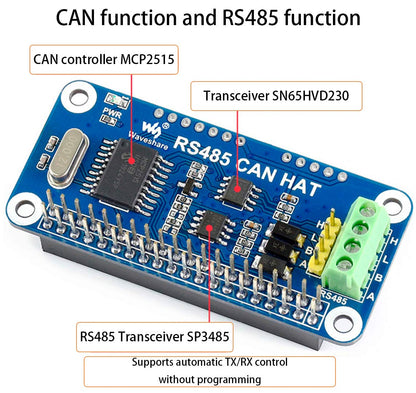 RS485 CAN HAT for Raspberry Pi 5/4B/3B+/3B/2B/B+/Zero/Zero W/WH/2W, Long-Distance Communication via RS485/CAN Function, Onboard CAN Controller MCP2515, SPI Interface Transceiver SIT65HVD230DR
