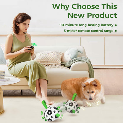 Interaktives Hundespielzeug von QDAN: Hüpfende und quietschende Hundespielzeuge, die Ihren Hund beschäftigen; Hundeball mit Musikaufnahmefunktion; beweglicher Hunde-Fußball mit Gurten; Fernbedienung; USB-aufladbar; Welpenspielzeug