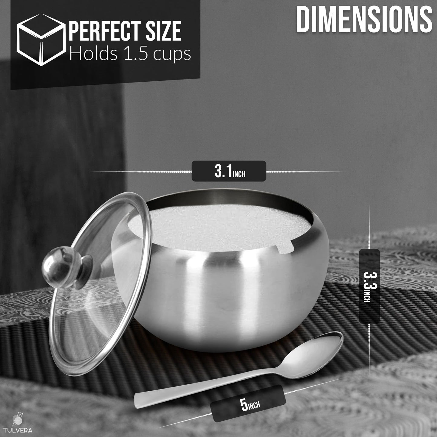 Sugar Bowl with Lid and Spoon | 12oz Sugar Container for Coffee Bar | Stainless Steel Holder Jar for Salt, Tea, Candy, Sugar Cube, Brown Sugar, Ghee | Kitchen Countertop Storage Accessories | 350ml