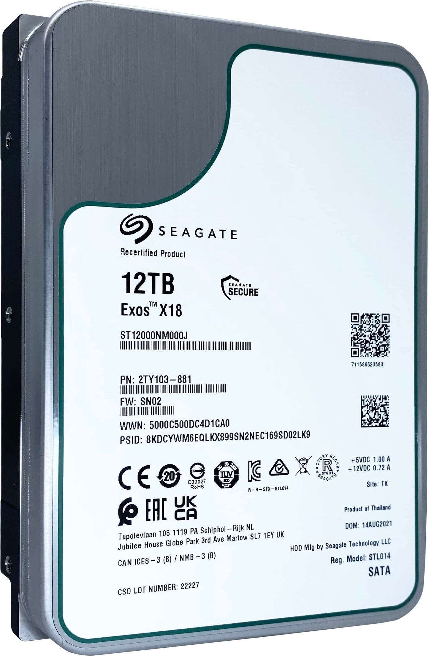Seagate Exos X18 12TB 7200 RPM 512e/4Kn SATA 6Gb/s 256MB Cache 3.5-Inch Enterprise HDD (ST12000NM000J) (Renewed)