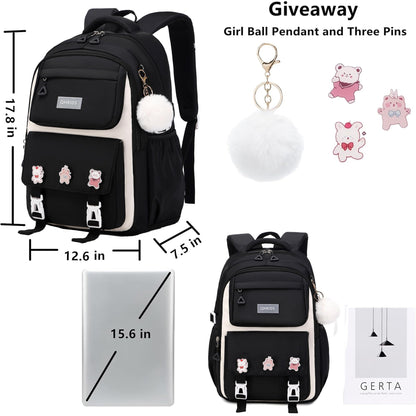 QHRIDS Mädchenrucksack, ästhetischer Laptop-Rucksack, Kawaii-Stil, große Schultasche, Anime-Stil, lässiger Reise-Tagesrucksack, Schwarz