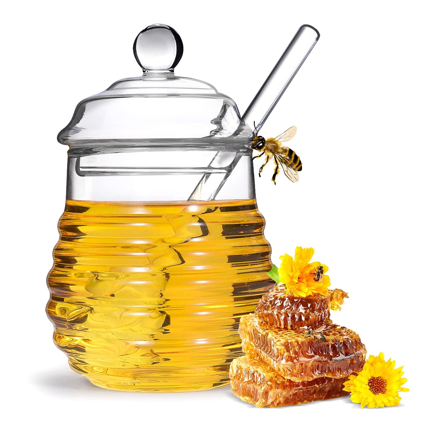 SlZKADY Honey Jar with Dipper and Lid,Glass Honey Pot Container Dispenser,Clear Glass Honey Container for Home Kitchen,Store Honey and Syrup,Easy to Clean