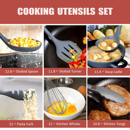 RAXCO Kochutensilien-Set, 18-teilig, Messer und Küchenhelfer mit Damastmuster, integrierte Aufbewahrung, Grau