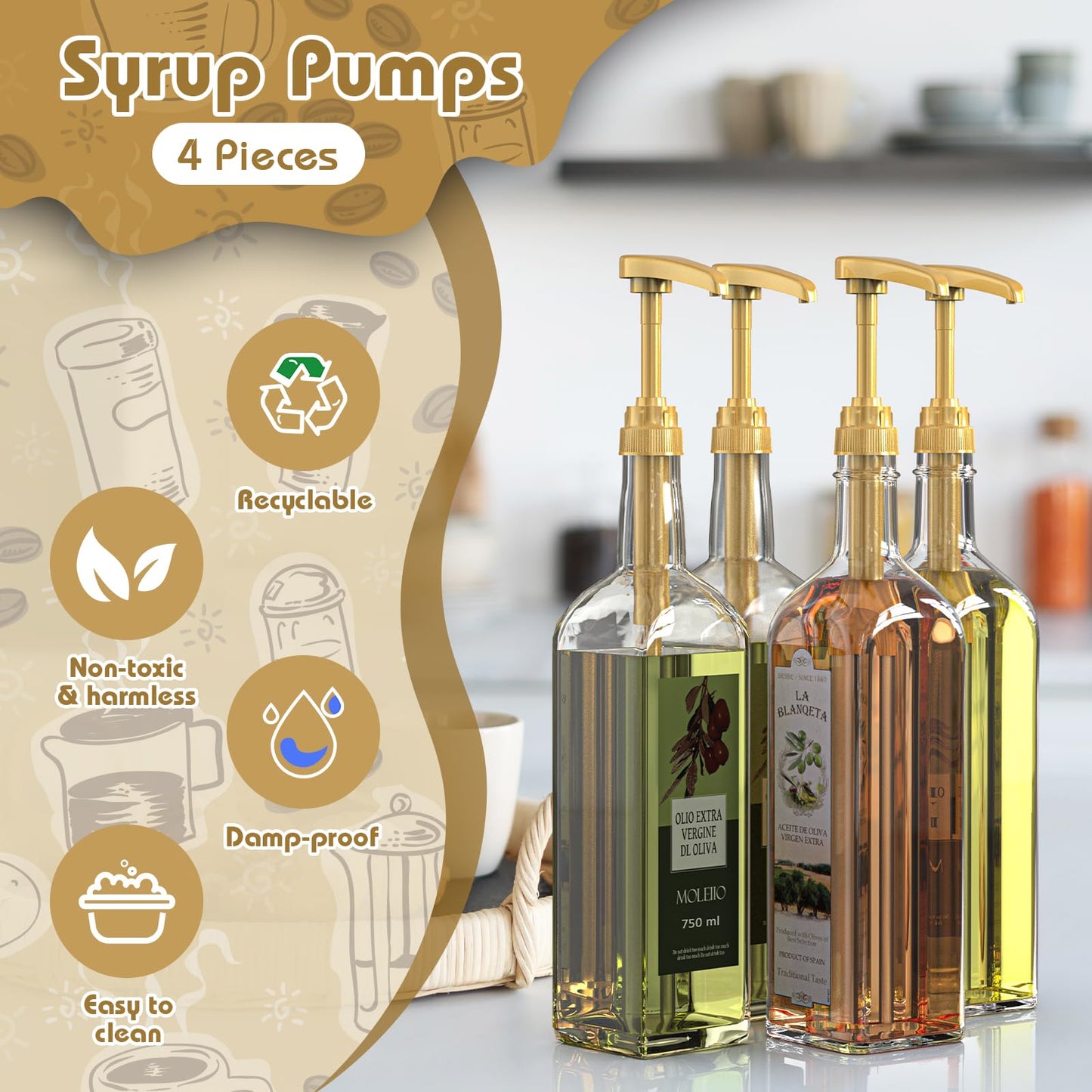 Neosoge Coffee Syrup Pump Dispenser, 4 Packs of Syrup Pump for 750ml/25.4 oz Syrup Bottle, Gold Pumps for Coffee Syrup Bottle, works with Torani, DaVinci, Jordans Skinny 750ml Syrups Bottles (Gold)