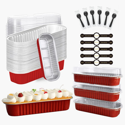 OBXMLFY Mini-Kuchenformen mit Deckel und Löffeln, 50er-Pack, 6,8 oz rechteckige Mini-Kastenformen, Einweg-Backförmchen aus Aluminiumfolie, Muffinformen - Rosa (50, rot)