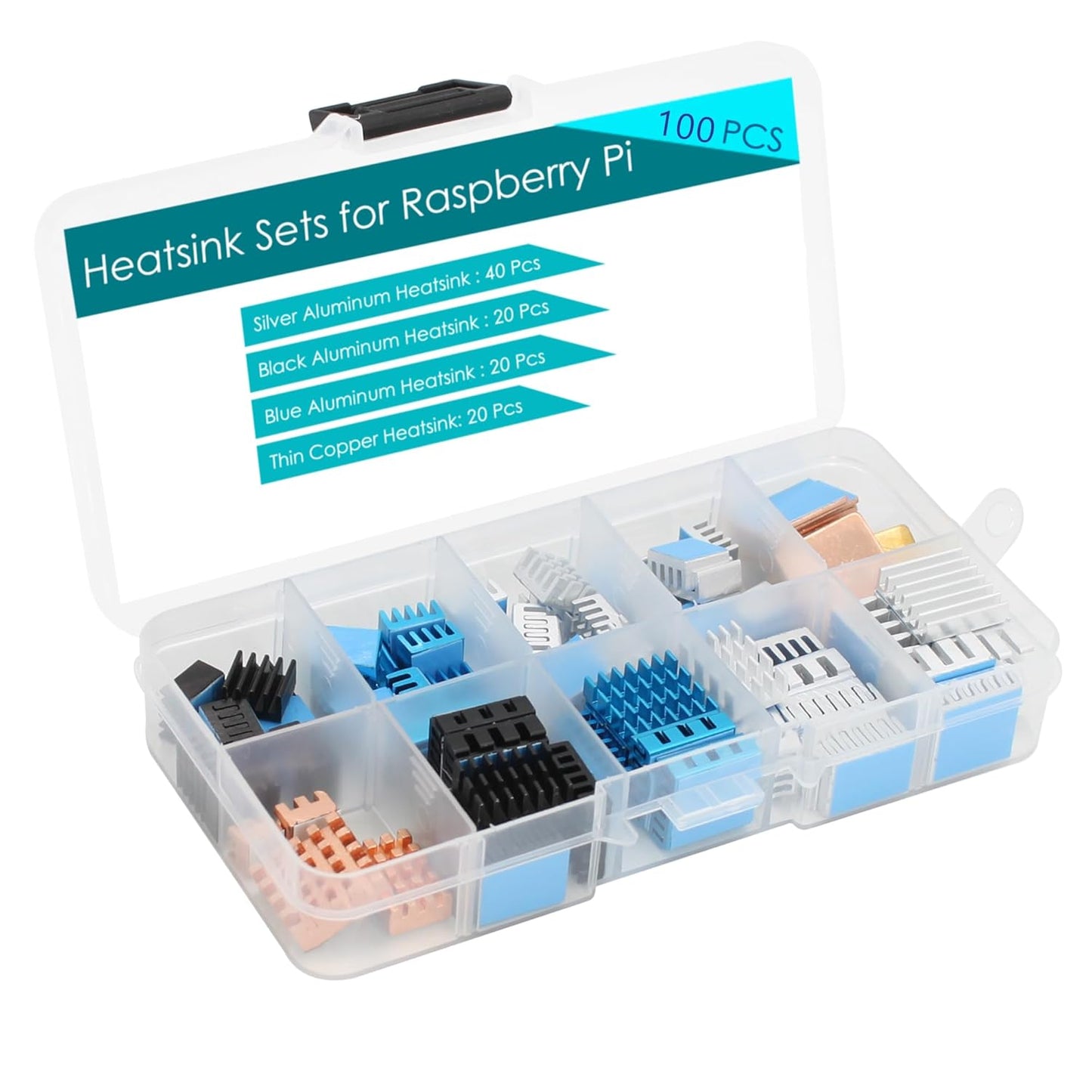 100 Pcs Heatsinks (Multi-Size&Multi-Color), Heatsink Kit with 3M 8810 Conductive Adhesive Tape Aluminum Heat Sink Copper Heat Sinks Cooler for Raspberry Pi 5/4/3/Zero VRM SSD 3D Printer