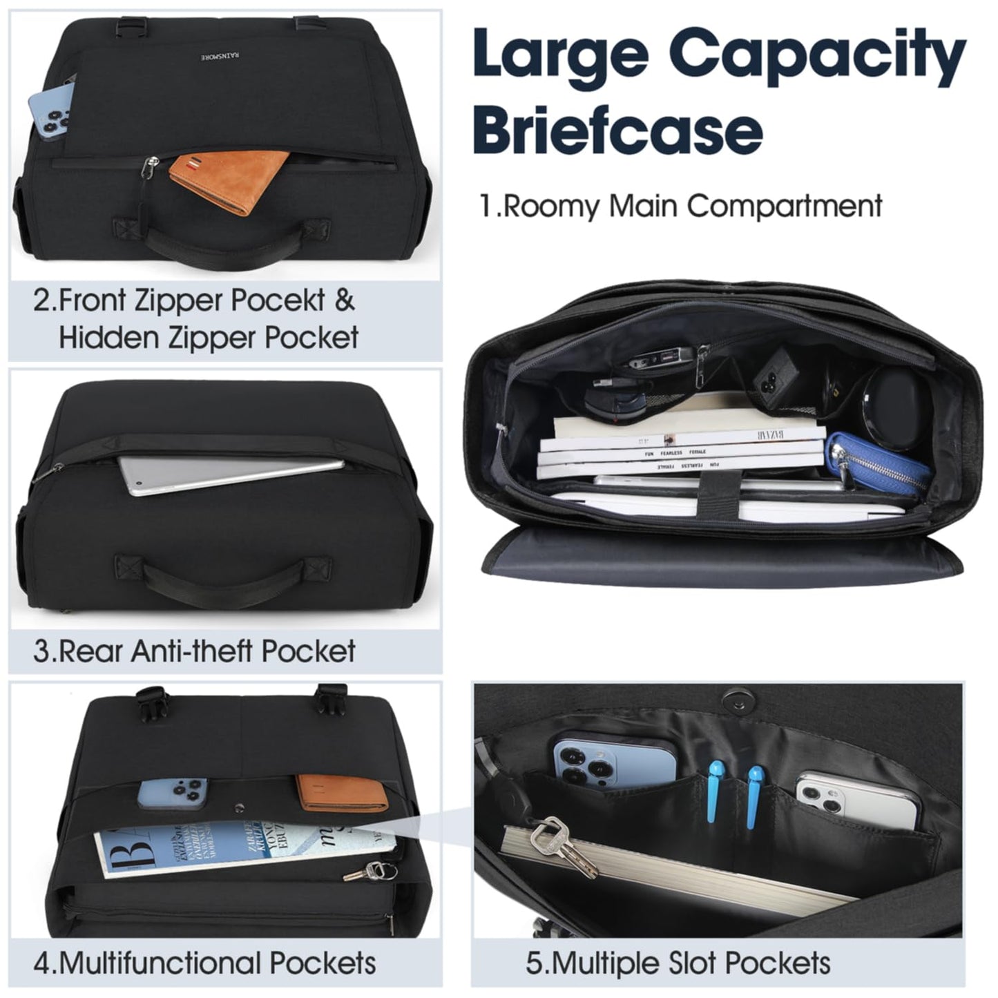 RAINSMORE Messenger Bag für Herren, 15,6 Zoll, wasserabweisend, Laptoptasche, lässige Umhängetasche, große Computertasche für Uni, Büro, Aktentasche, modische Crossbody-Handtasche, Schwarz