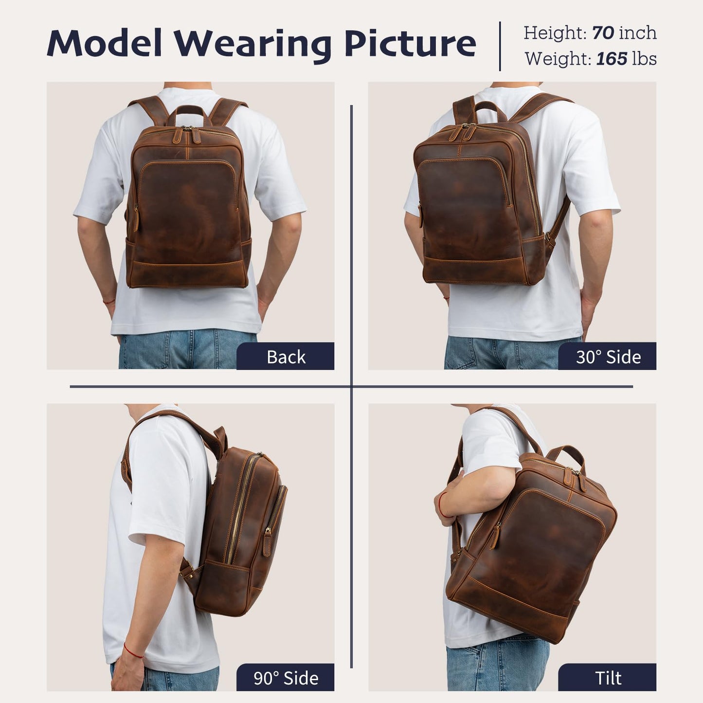 Miracttld Leather Backpack for Men 15.6" Laptop Backpack 100% Madagascar top-Grain Leather Backpack Brown Medium Size