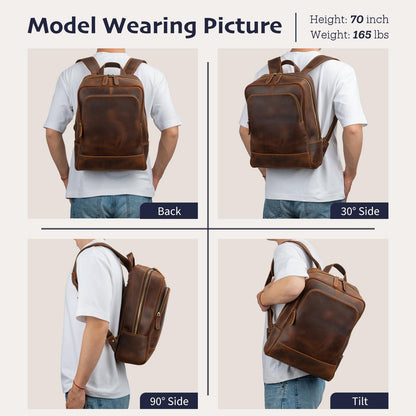 Miracttld Leather Backpack for Men 15.6" Laptop Backpack 100% Madagascar top-Grain Leather Backpack Brown Medium Size