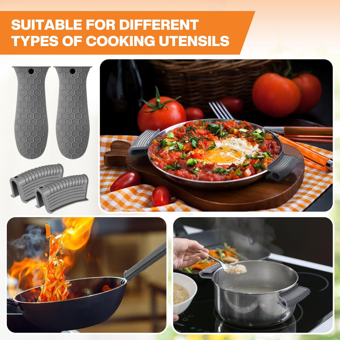 Patelai 8 Pcs Silicone Pot Holders Set Cast Iron Handle Cover Heat Resistant Pot Handle Covers Potholder Non Slip Reusable Pan Sleeve for Frying Pan Kitchen Supplies(Black)