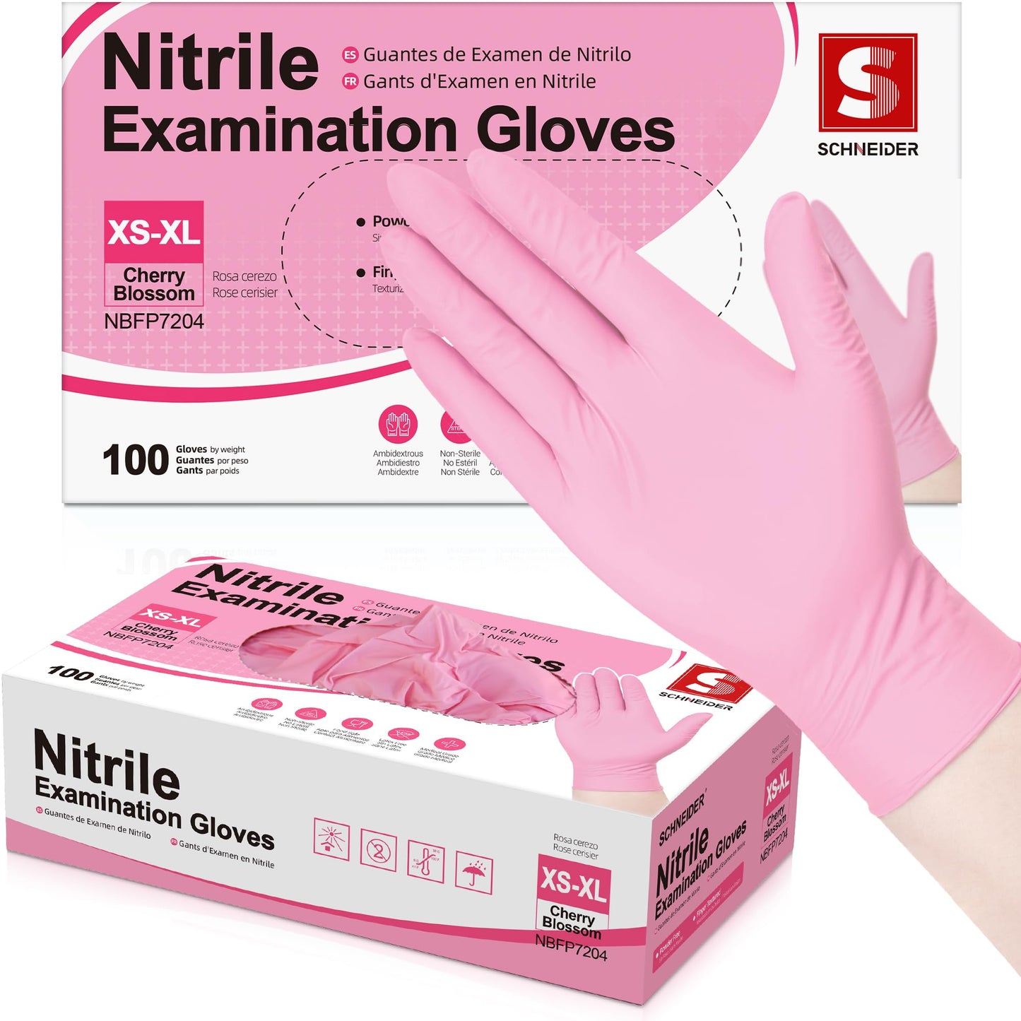 Schneider Nitrile Exam Gloves, 4-mil Medical Gloves Disposable Latex Free, Powder Free, Food Safe Glove for Cooking, Cleaning, Examination, Cherry Blossom, Medium, 100-ct Box