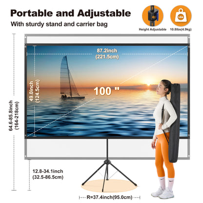 Outdoor-Leinwand, 100 Zoll, 16:9, hohe Verstärkung, mit Ständer, windbeständiges Design für den mobilen Einsatz im Freien, inklusive Seilen und Heringen, 4K-Bildqualität für Heimkino und Camping
