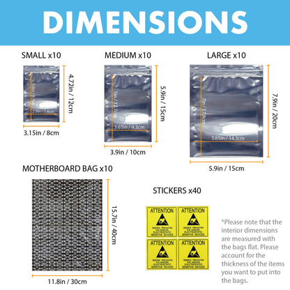 Open Top & Resealable Antistatic Bags ESD Shielding Bag with Anti-static Labels for Hard Drive SSD HDD Motherboard Video Card RAM Electronic Devices (Pack of 40) (Assorted Sizes)