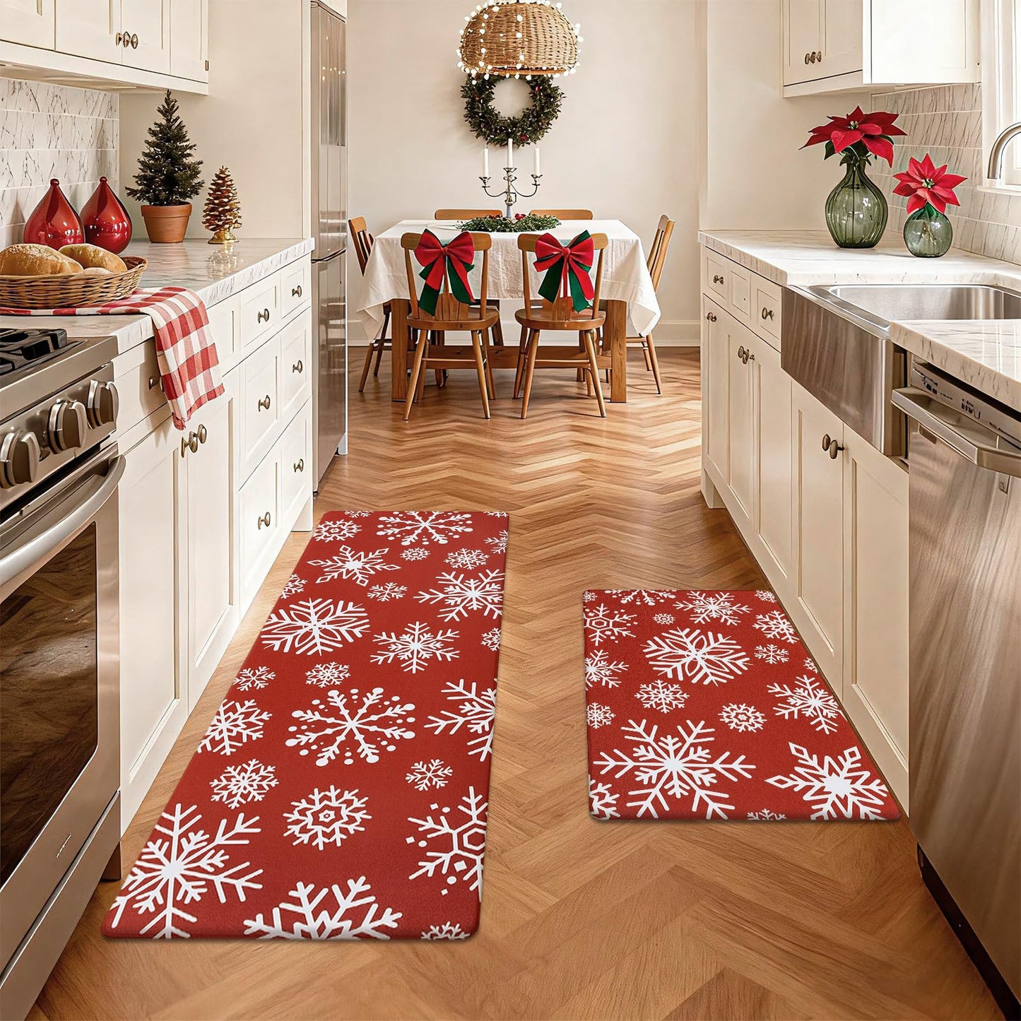 SHACOS Christmas Kitchen Rugs Set of 2 Anti-Fatigue Kitchen Mats Cushioned Red Christmas Kitchen Rugs White Snow Farmhouse Kitchen Mats and Rugs for Xmas 17x27.5+17x47, Snowflakes