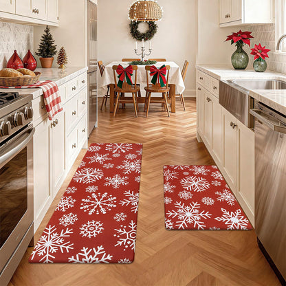 SHACOS Christmas Kitchen Rugs Set of 2 Anti-Fatigue Kitchen Mats Cushioned Red Christmas Kitchen Rugs White Snow Farmhouse Kitchen Mats and Rugs for Xmas 17x27.5+17x47, Snowflakes