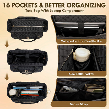 Große Lehrertasche (39,6 cm), geräumige Arbeitstasche mit Laptopfach, gesteppte Umhängetasche mit Schultergurt für Büro, Reisen, Schule und Pflegebedarf, Schwarz