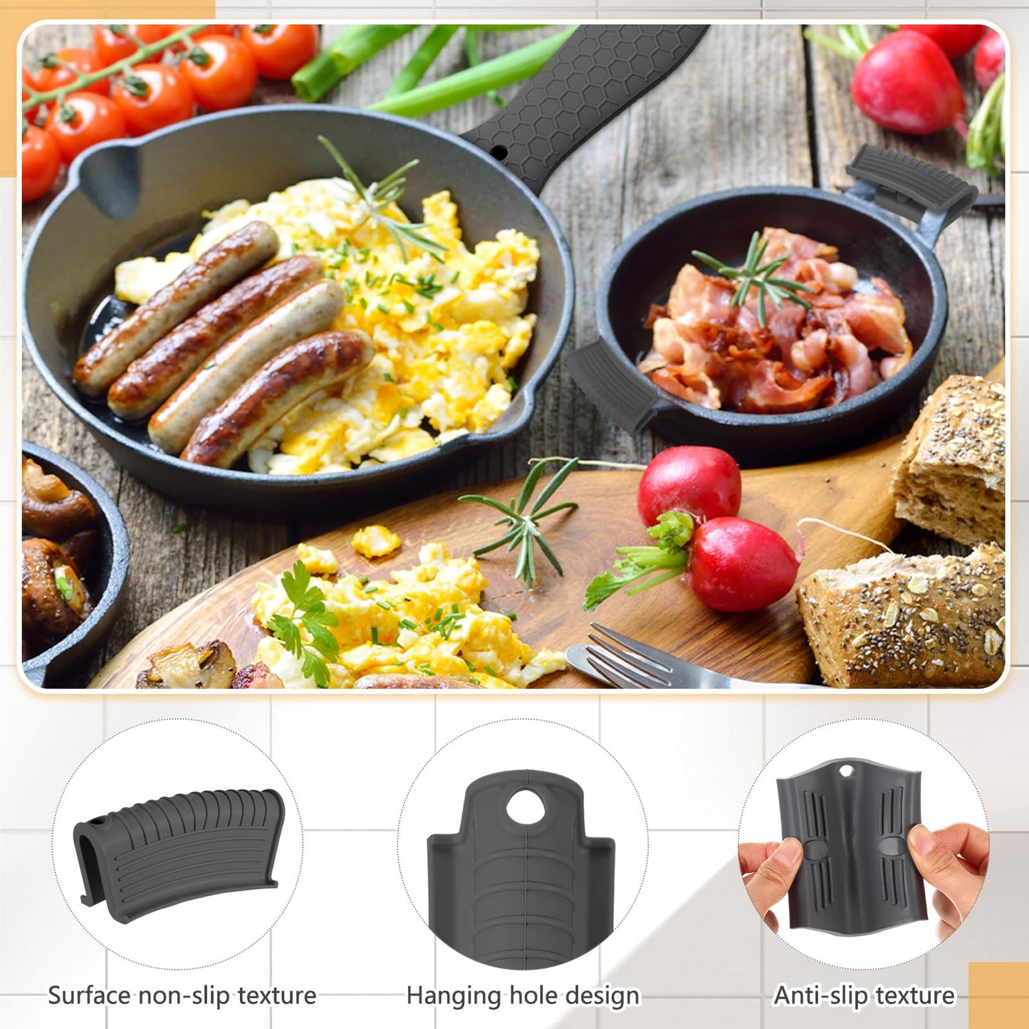 Patelai 8 Pcs Silicone Pot Holders Set Cast Iron Handle Cover Heat Resistant Pot Handle Covers Potholder Non Slip Reusable Pan Sleeve for Frying Pan Kitchen Supplies(Black)