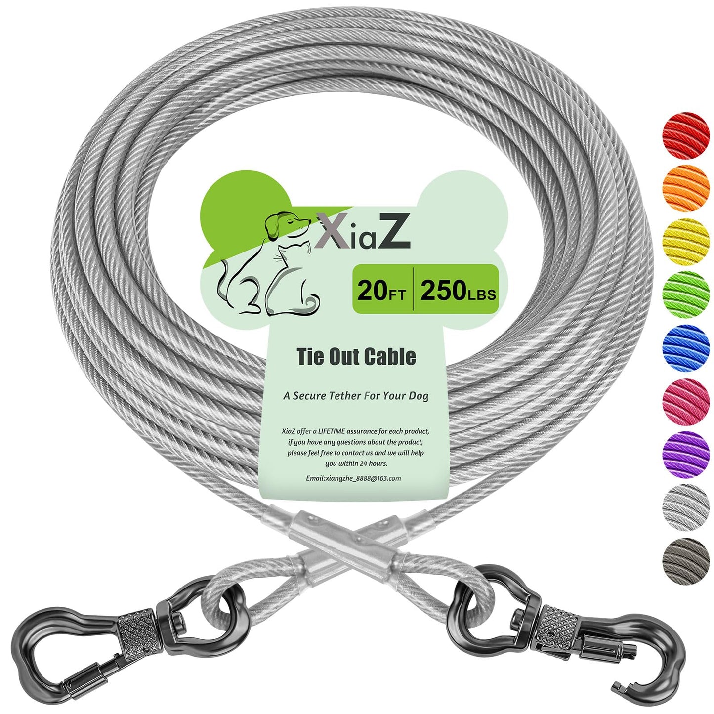 XiaZ Dog Tie Out Cable 20ft, Heavy Duty Dog Chains for Outside with Lockable Hook, Pet Runner Cable Leads for Yard, Dogs Line Tether for Small Medium Large Dogs Up to 250 LBS